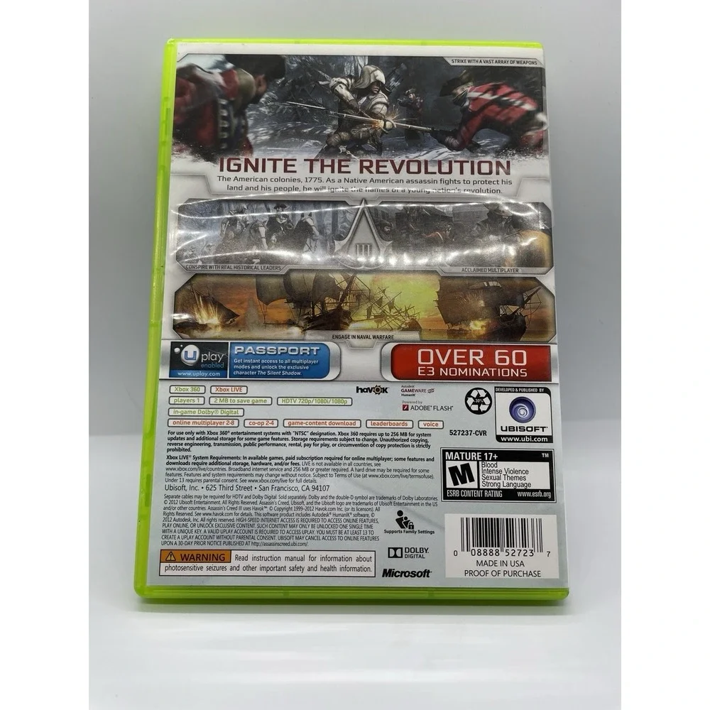 Assassin's Creed 3 Microsoft Xbox 360, 2012, Complete in Box, Tested Working